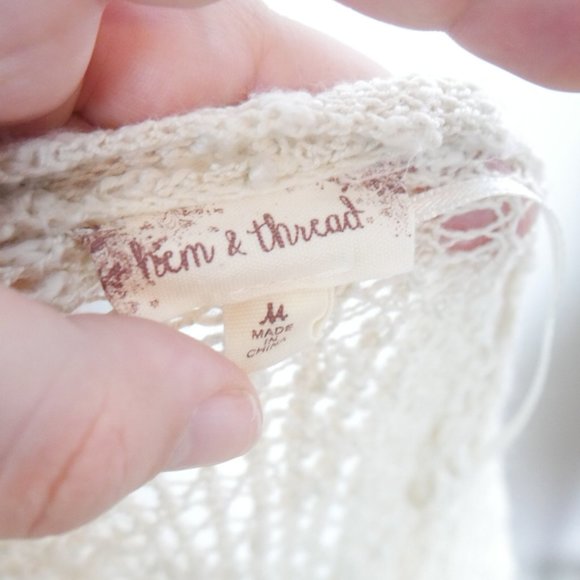 Hem & Thread Tan Cream Wrap Top Balletcore Long Sleeve Open Knit Sweater Medium - Picture 6 of 11